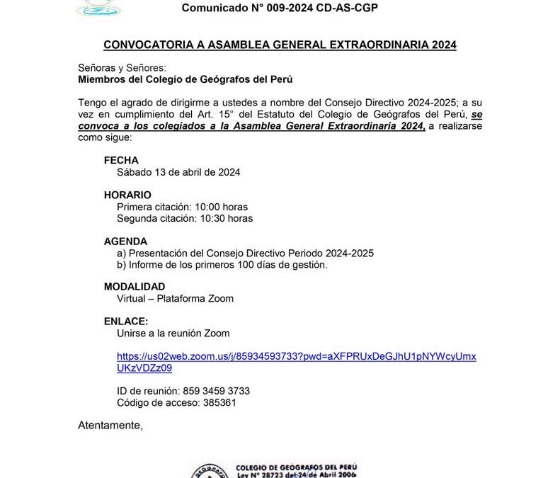 CONVOCATORIA A ASAMBLEA GENERAL EXTRAORDINARIA 2024